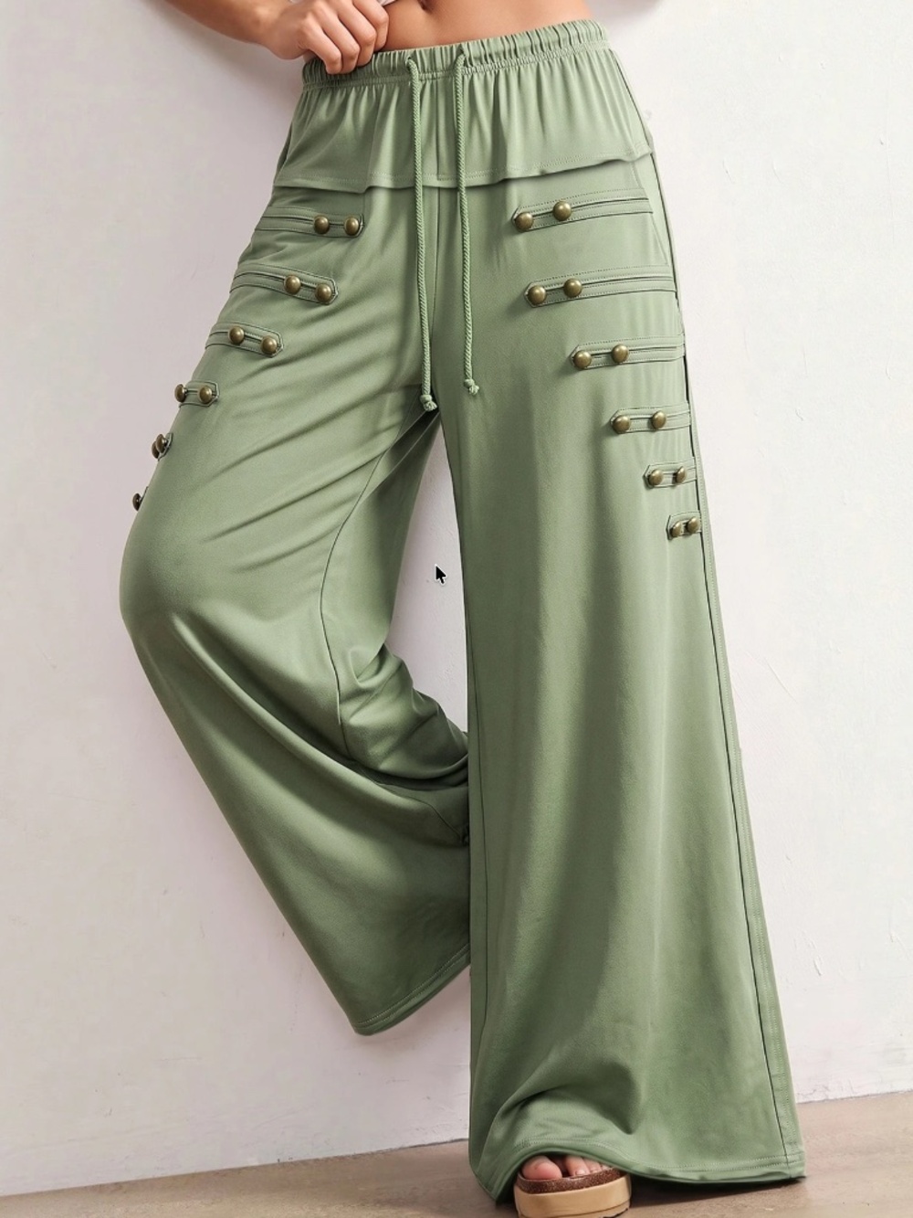 Classic Sage Green Button Detail Wide Leg Pants